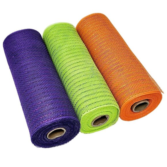 Tesadorz 10" Metallic Deco Mesh Ribbon Rolls - Orange, Purple, Lime Green - Picture 1 of 6